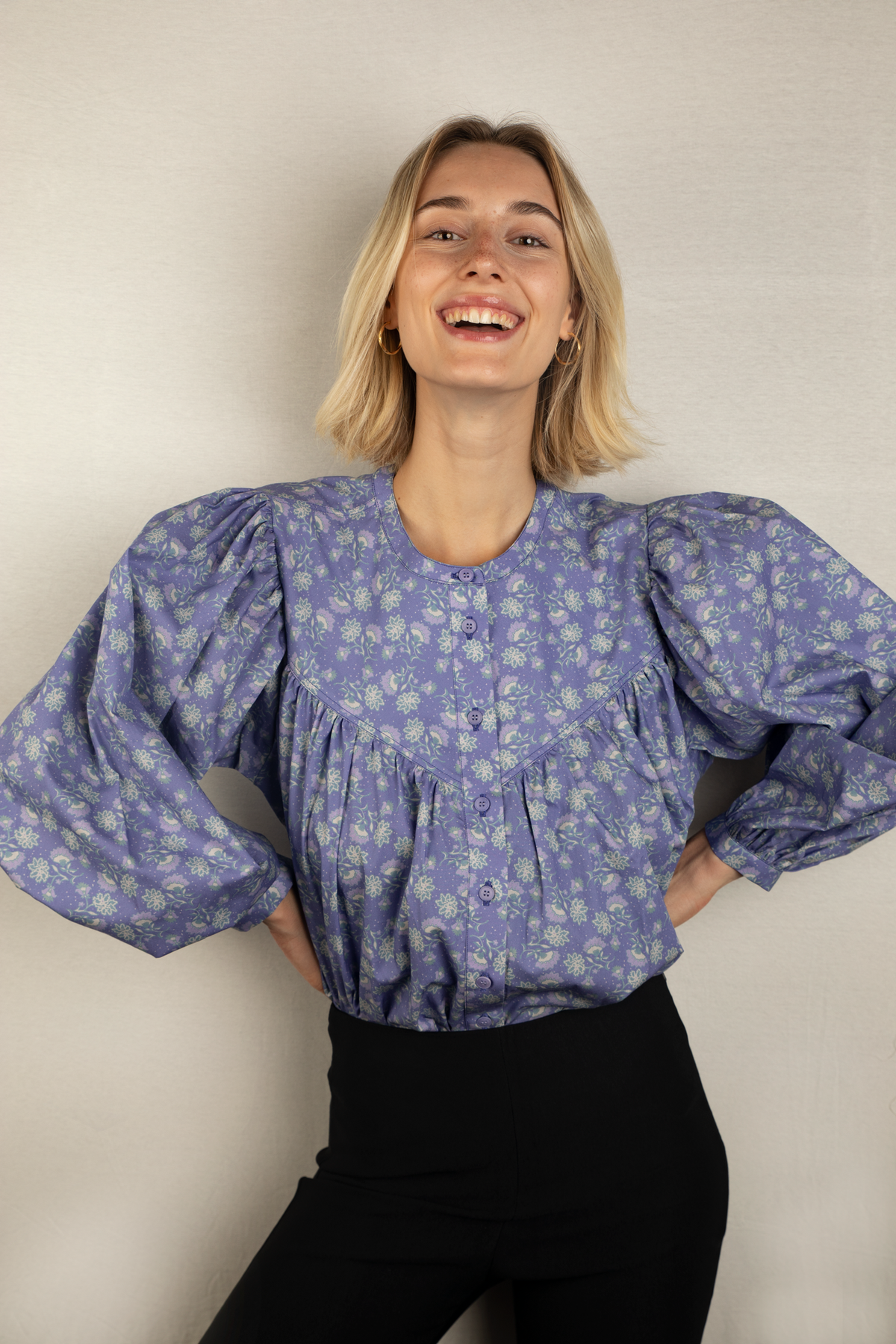 Bluse mit Print Baumwolle blau