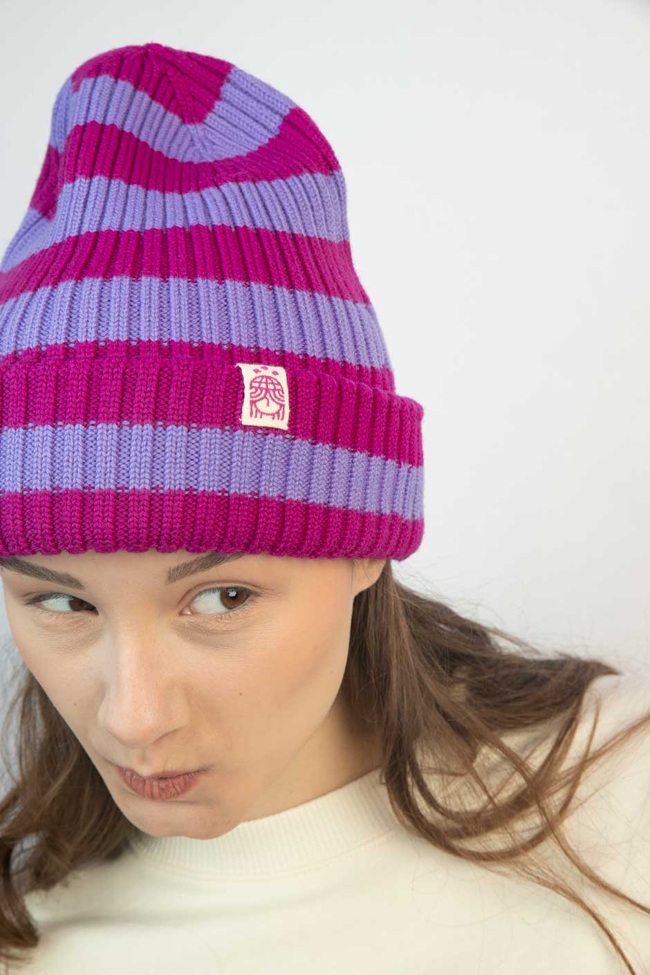 Strickmütze Ringel Flieder Pink